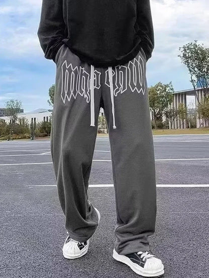 American Style Letter Print Straight Pants for Men High Street Loose Trousers Casual Joggers Hip Hop Drawstring Sweatpants