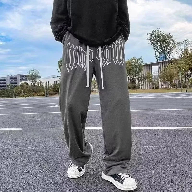 American Style Letter Print Straight Pants for Men High Street Loose Trousers Casual Joggers Hip Hop Drawstring Sweatpants