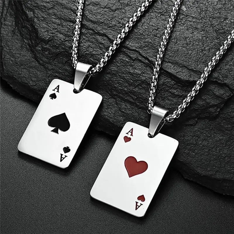 2Piece Set Hip Hop Statement Stainless Steel Poker Card Ace of Spades Necklace for Women Men Pendant Chain Playing Cards Jewelry