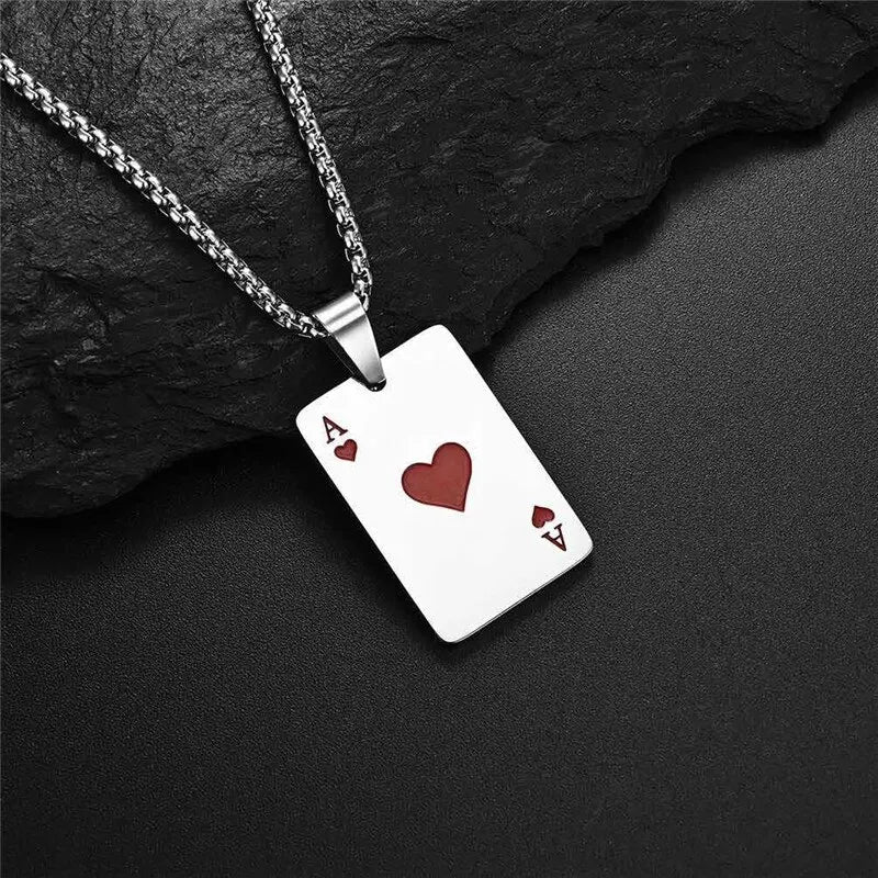 2Piece Set Hip Hop Statement Stainless Steel Poker Card Ace of Spades Necklace for Women Men Pendant Chain Playing Cards Jewelry