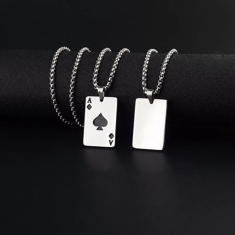 2Piece Set Hip Hop Statement Stainless Steel Poker Card Ace of Spades Necklace for Women Men Pendant Chain Playing Cards Jewelry