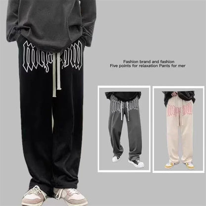 American Style Letter Print Straight Pants for Men High Street Loose Trousers Casual Joggers Hip Hop Drawstring Sweatpants