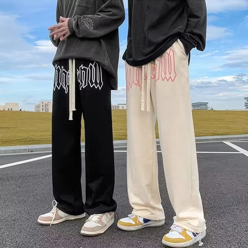 American Style Letter Print Straight Pants for Men High Street Loose Trousers Casual Joggers Hip Hop Drawstring Sweatpants